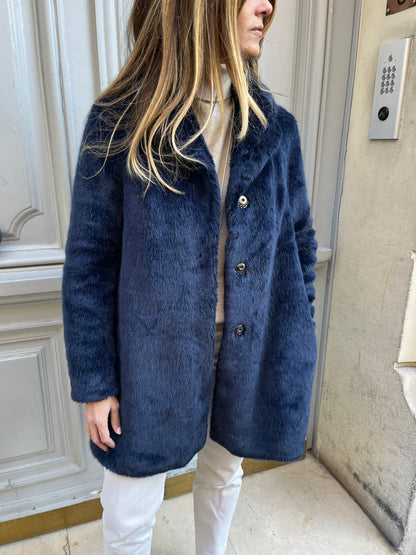 Manteau fausse fourrure bleu marine