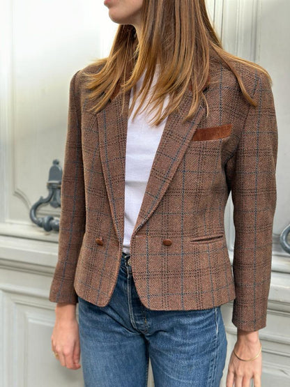 Veste en laine croisée carreaux Marron