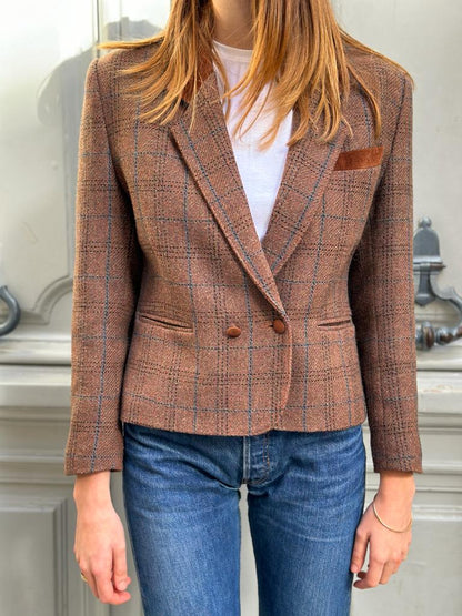 Veste en laine croisée carreaux Marron